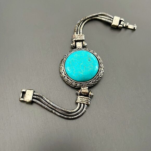 Boho Western Faux Turquoise Bracelet and Gold and Silver Tone Earrings